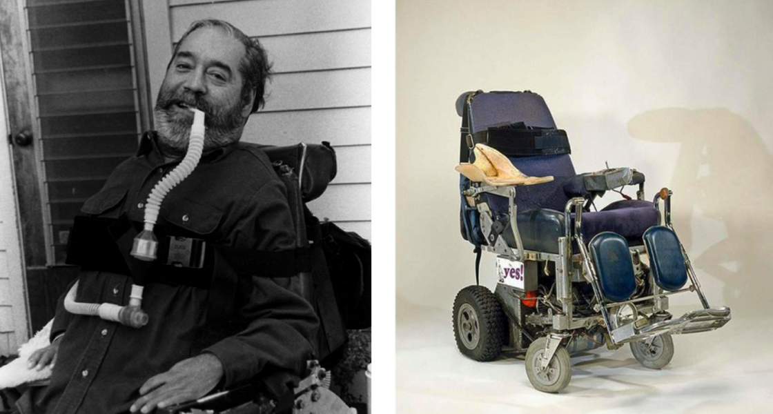 man in wheelchair and wheelchair as a historic object