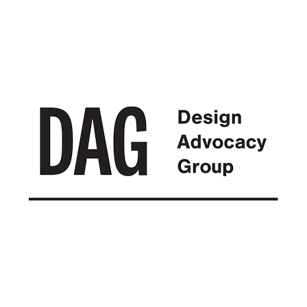 Black and white minimalist logo  that reads "DAG Design Advocacy Group"