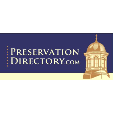 Blue background with tan building and text that reads "Presevation Directory"