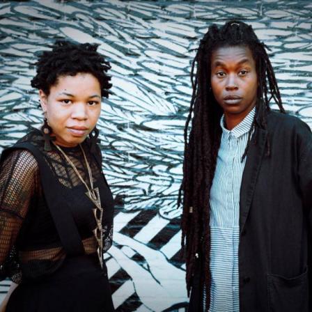 Camae Ayewa and Rasheedah Phillips in front of a patterned background