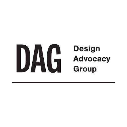 Black and white minimalist logo  that reads "DAG Design Advocacy Group"