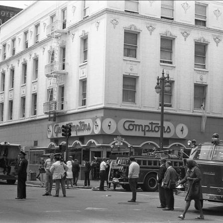 The only known photo of 101–121 Taylor Street with signage for Gene Compton’s Cafeteria fully visible. Taken in aftermath of a fire at the Hyland Hotel, 1970. [© Clay Geerdes, courtesy Tenderloin Museum]
