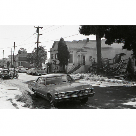 Children watch as a house is bulldozed in West Oakland, June 12, 1968.