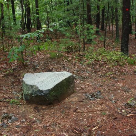 A boulder marks the location where Brister Freeman’s house is thought to have stood in Walden Woods. (Courtesy of the Walden Woods Project) (Matt Burne/Courtesy of The Walden Woods Project)